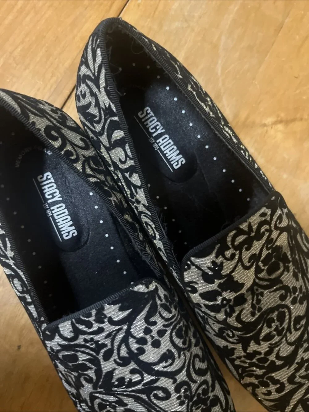 Stacy Adams Mens Swank Floral Velour OVERLAY Slip-on Loafers Black-silver Sz 11M